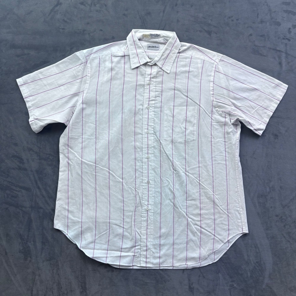 Vintage Saks Fifth Avenue Mens 17 White Purple Striped Short Sleeve Button Shirt